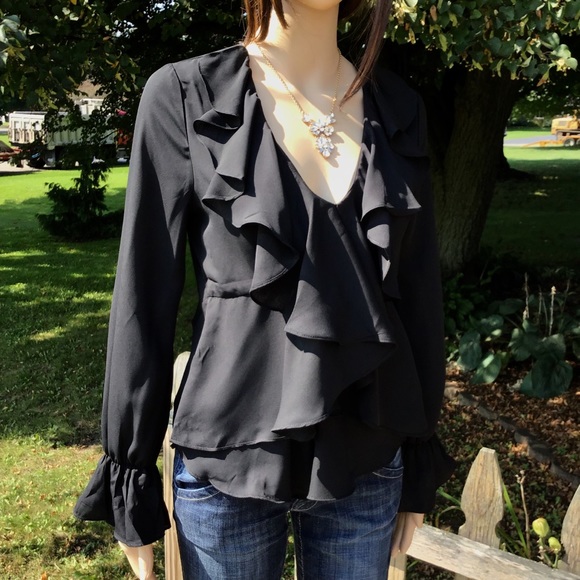 boutique Tops - VINTAGE LOOKING  BLACK WATERFALL RUFFLE BLOUSE